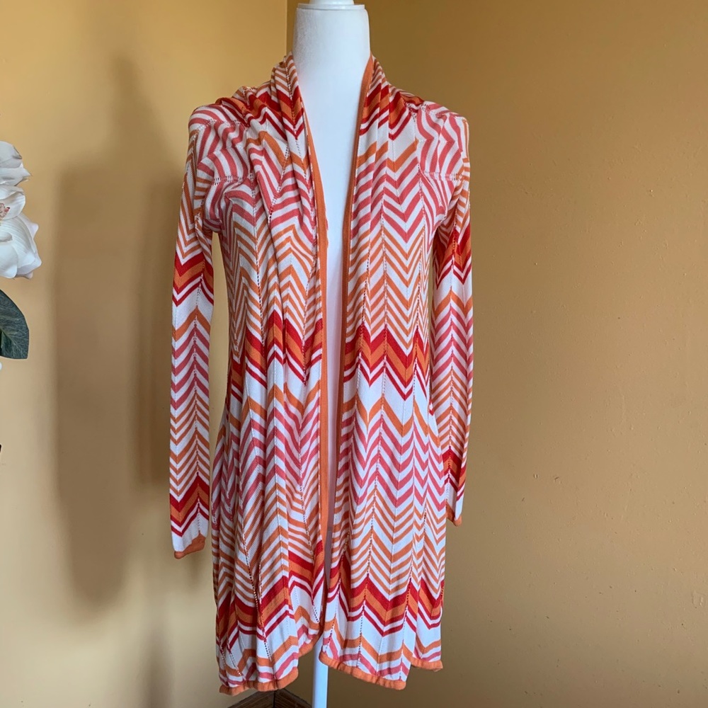 BCBGMaxAzria Boho Silk Chevron Multicolor Open Cardigan Size Medium.
